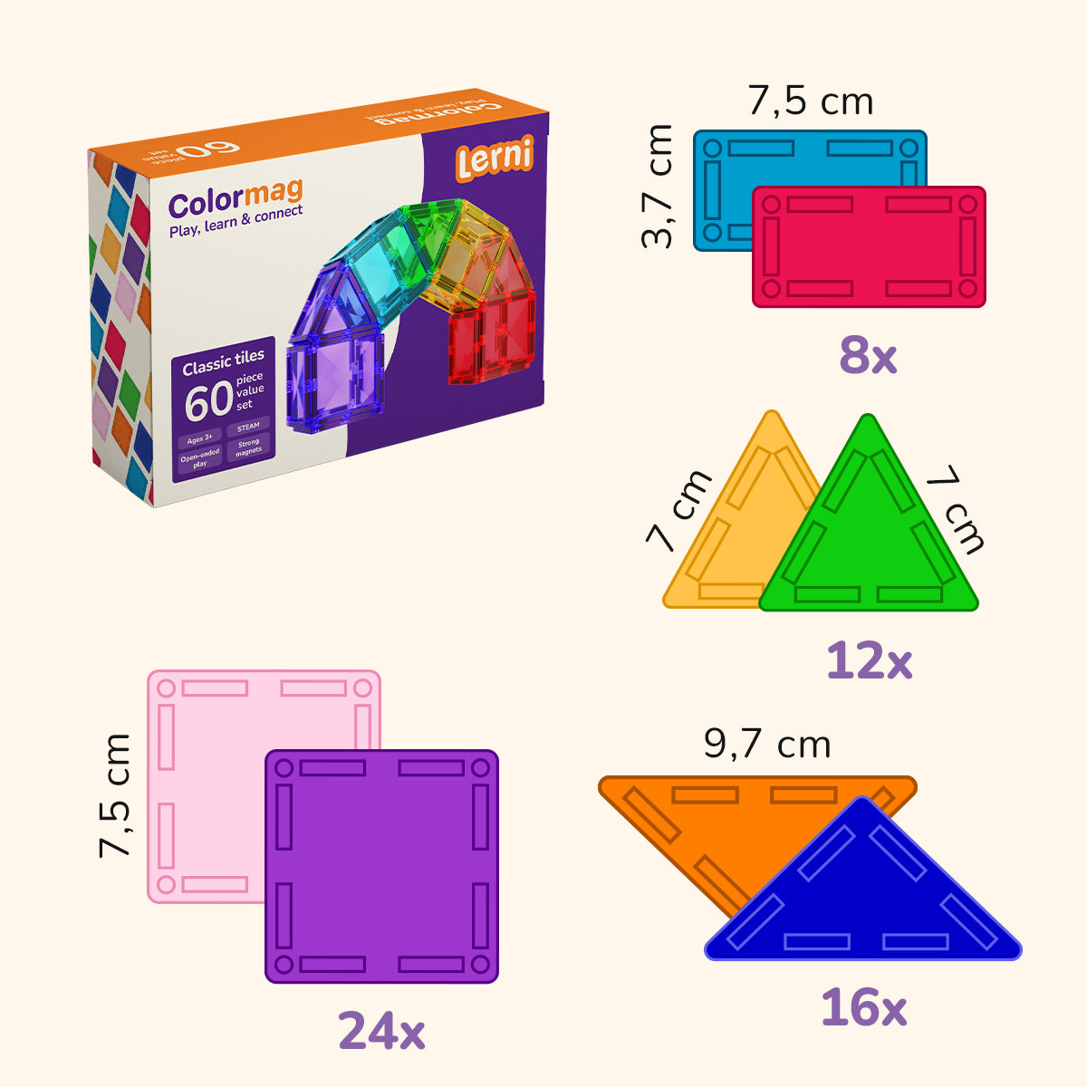 Magnetic buidling set COLORMAG 60pcs - classic