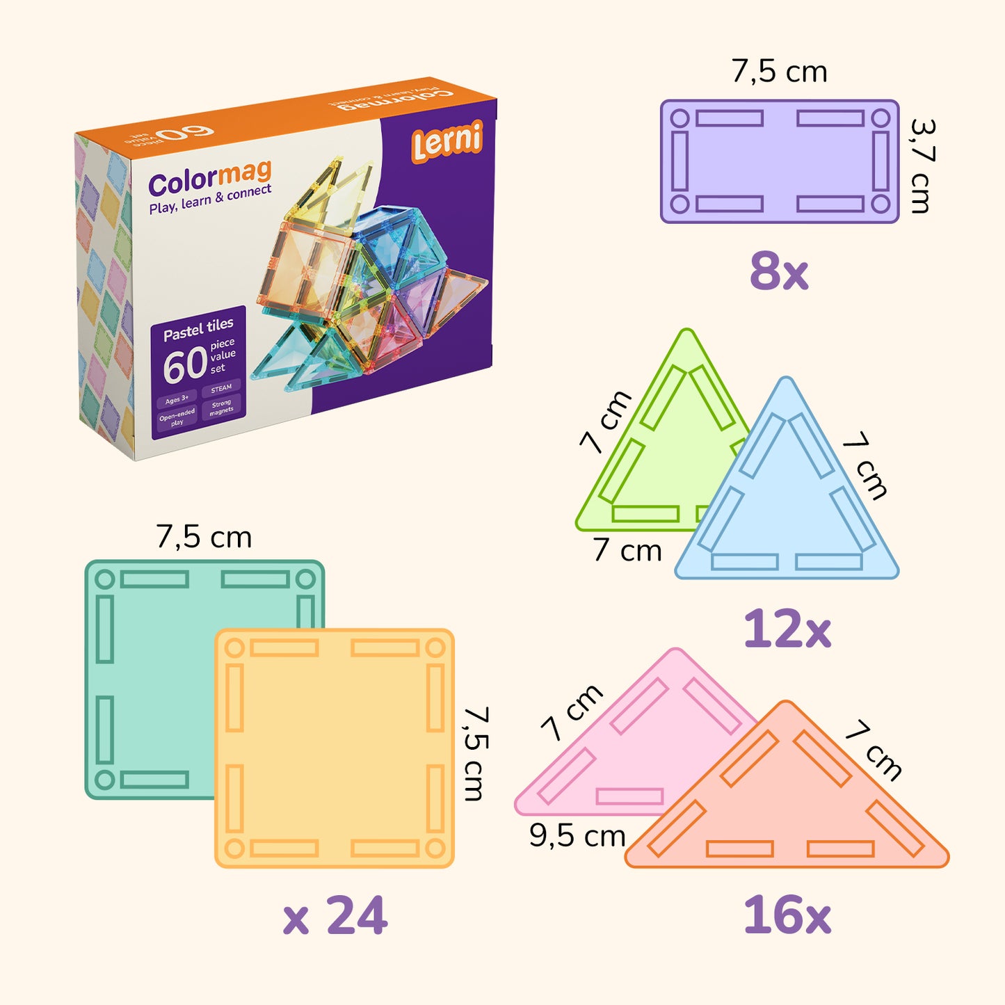 Magnetic building set COLORMAG 60pcs - pastel