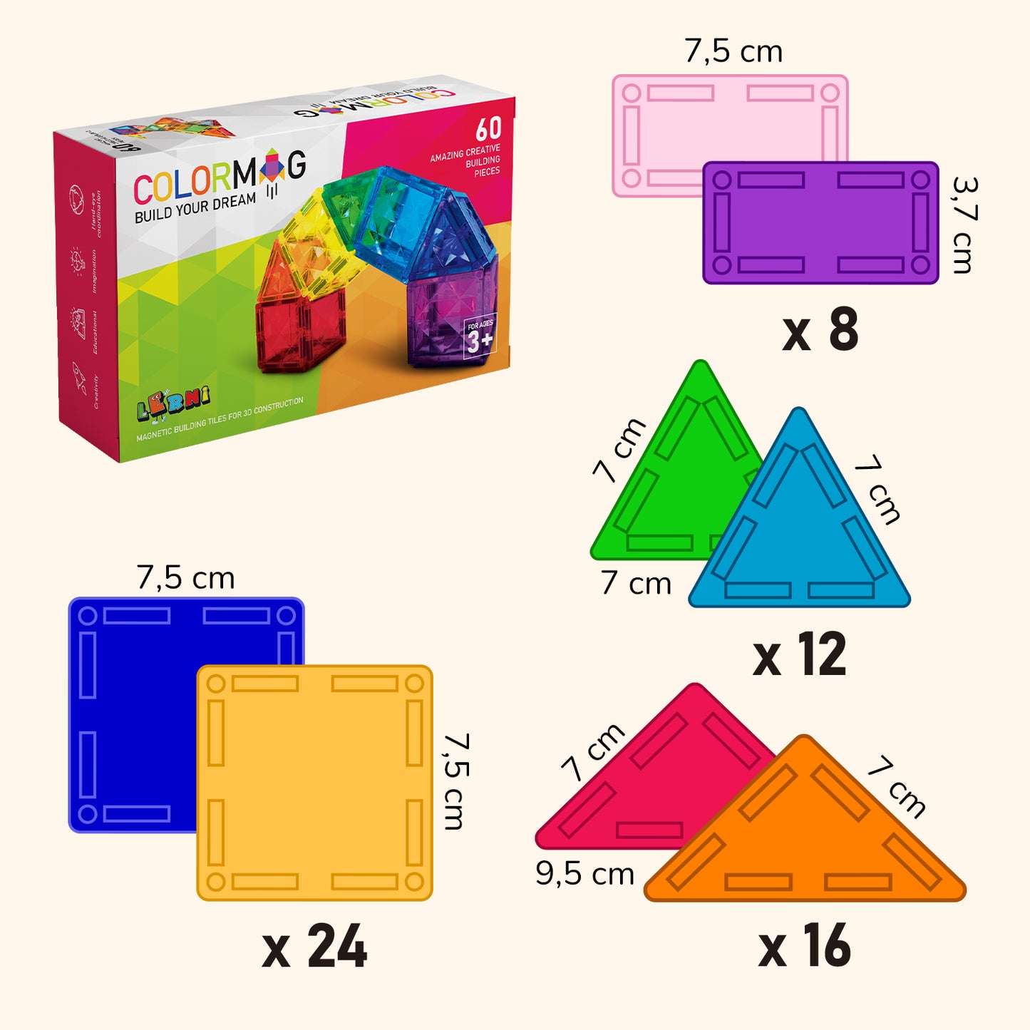 Magnetic buidling set COLORMAG 60pcs - classic