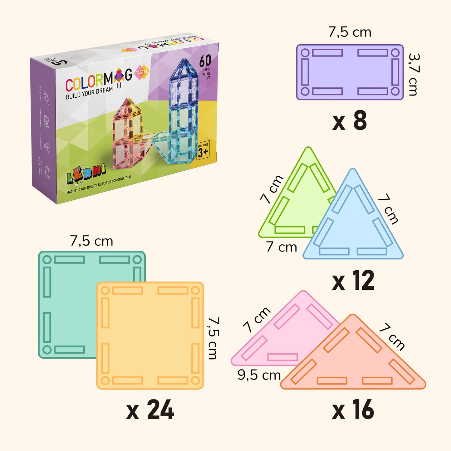 Magnetic building set COLORMAG 60pcs - pastel