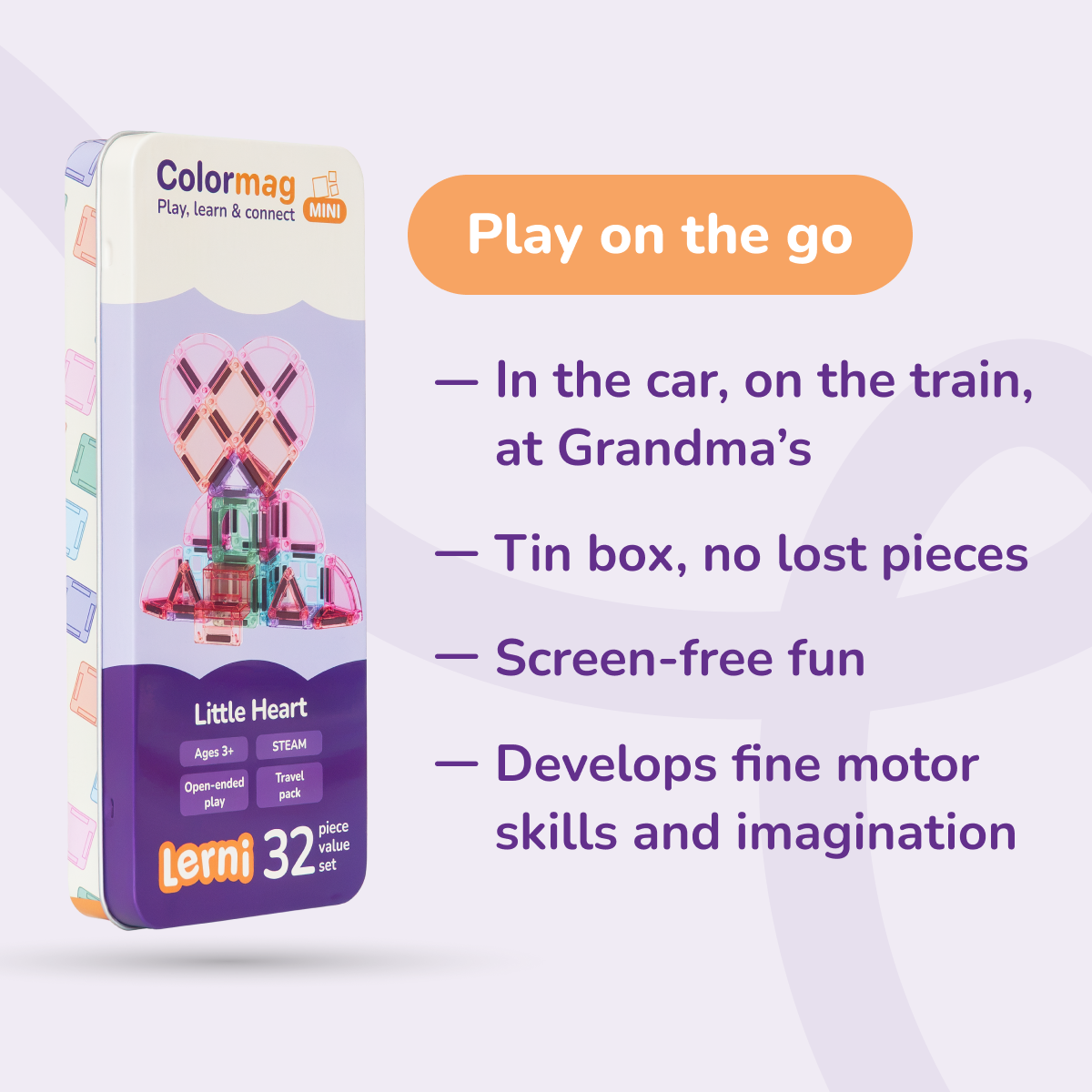 Colormag Mini Little Heart in a tin box – travel play benefits
