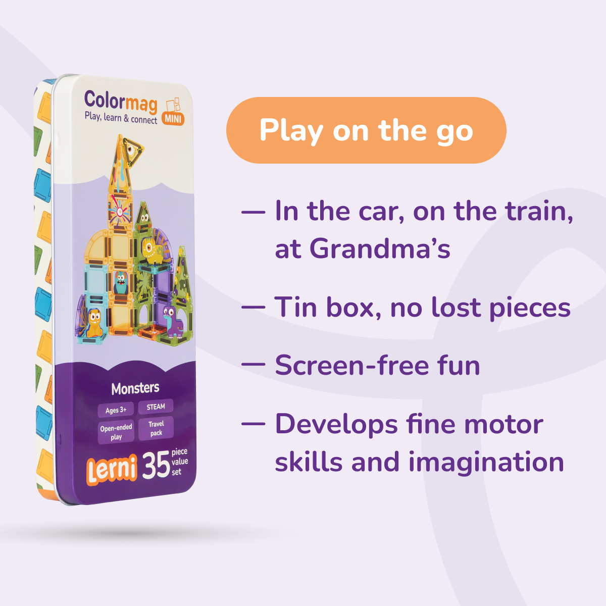 Colormag Mini Monsters in a tin box – travel play benefits