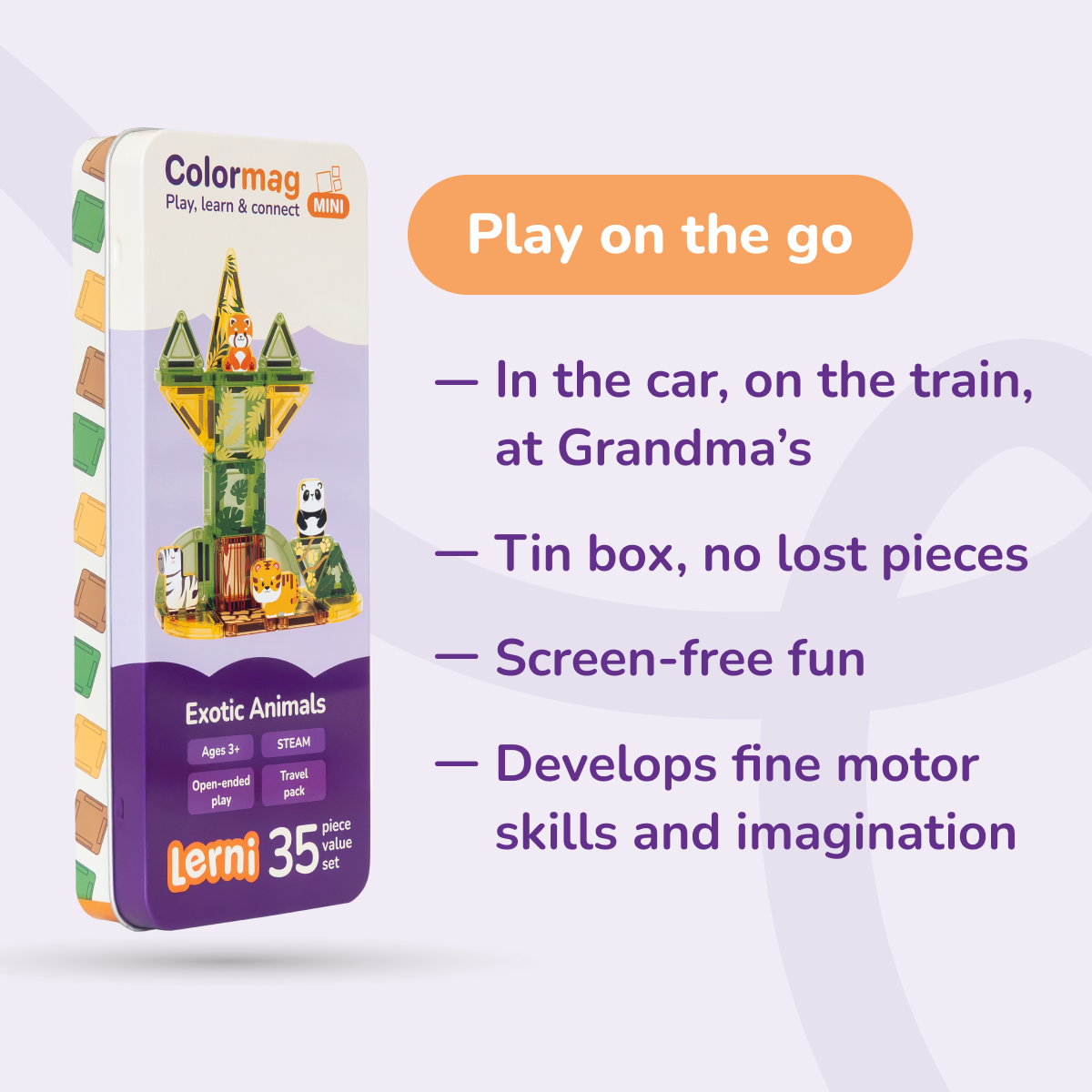 Colormag Mini Exotic Animals in a tin box – travel play benefits