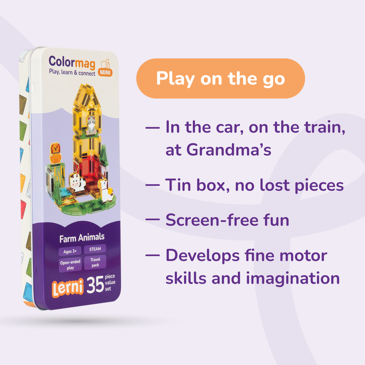 Colormag Mini Farm Animals in a tin box – travel play benefits