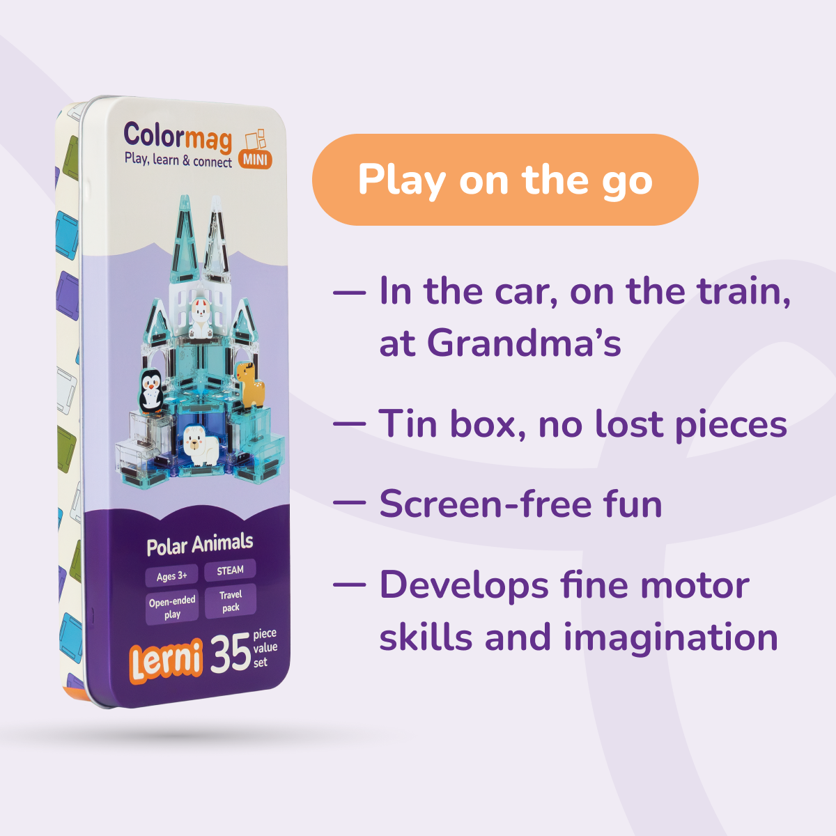 Colormag Mini Polar Animals in a tin box – travel play benefits